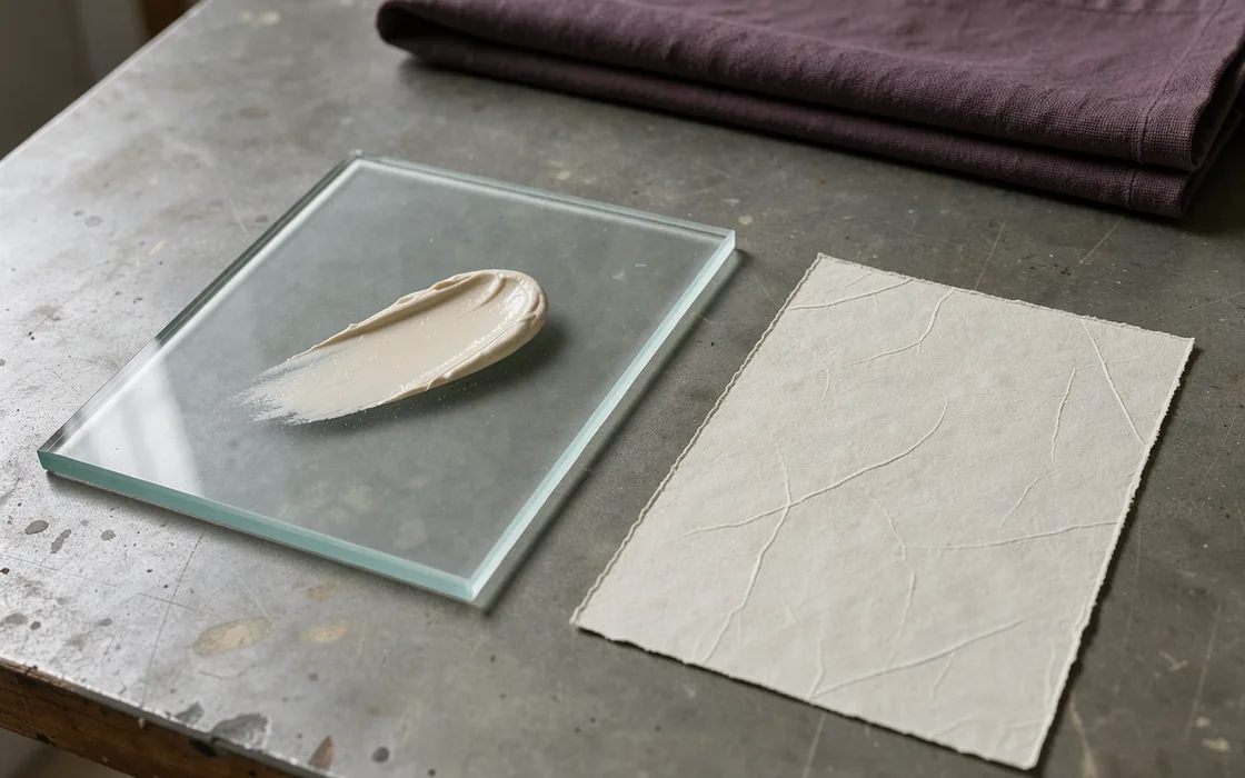 Ivory cream on frosted glass beside creased cast paper and a plum cloth