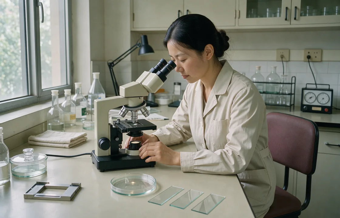 An illustrated technician examining a culture plate with an optical microscope