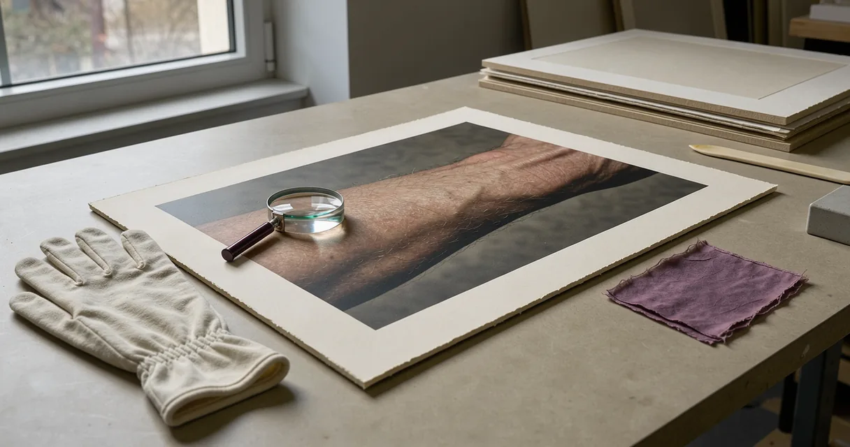 A mounted print of skin texture with a loupe and cotton gloves