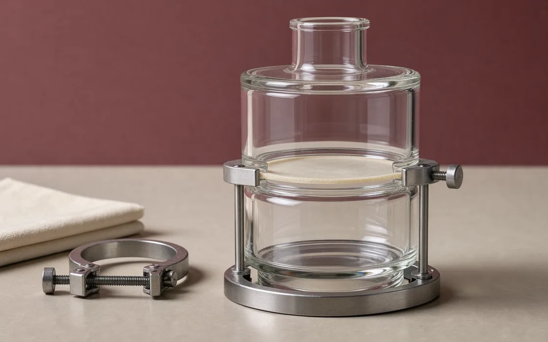A glass diffusion chamber with a thin membrane held between its compartments